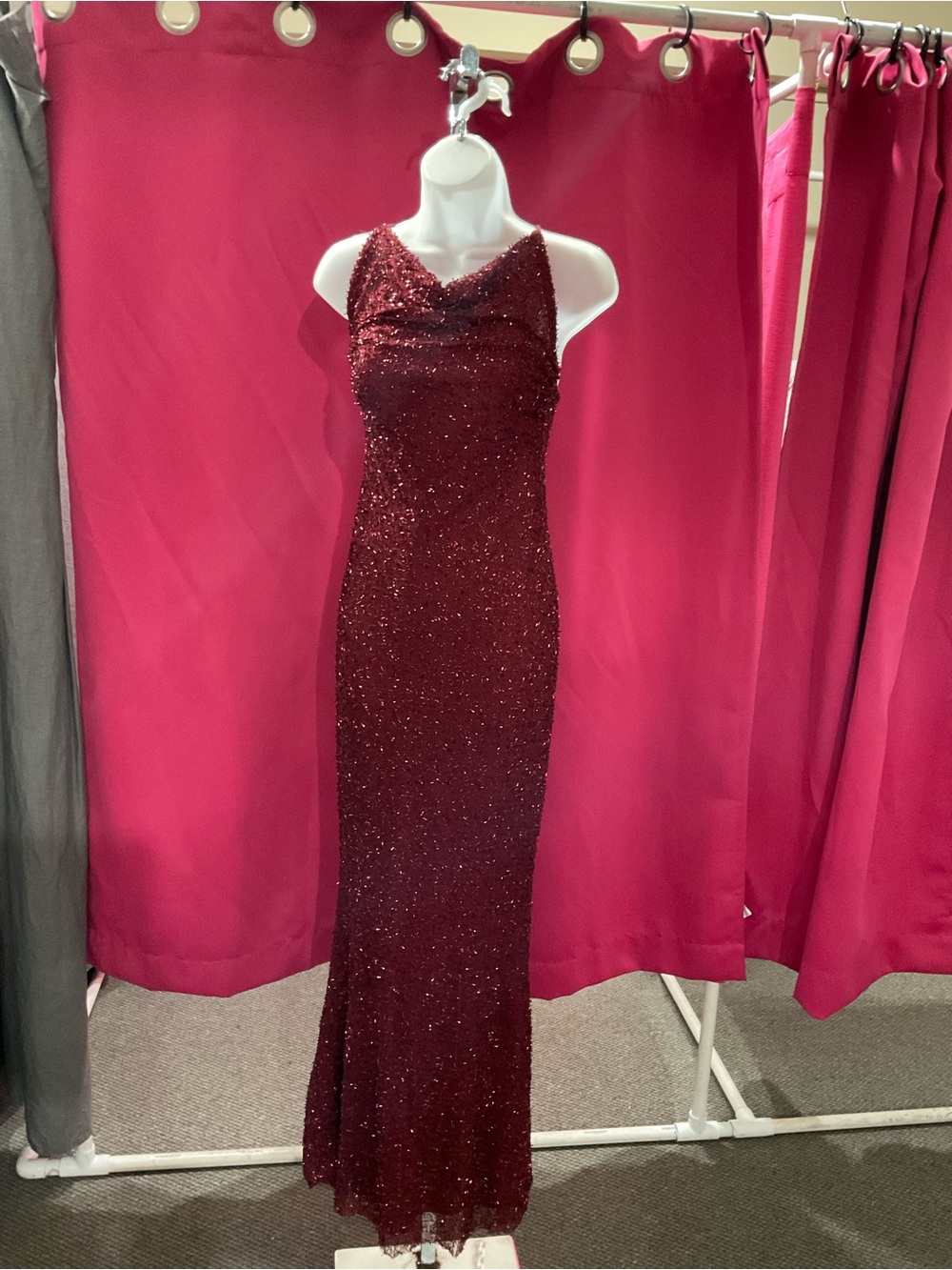 Luxxel Sparkling Burgundy Sequin Cowl Neck Gown